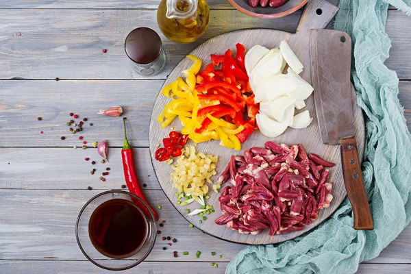 Інгредієнти Приготування Їжі Печеня Курки Серця Паприка Цибулю Китайська Кухня — стокове фото