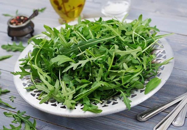 Fresh Leaves Arugula Bowl Light Wooden Background — Stock Photo, Image