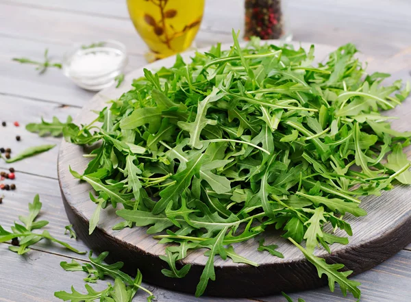 Fresh Leaves Arugula Bowl Light Wooden Background — Stock Photo, Image