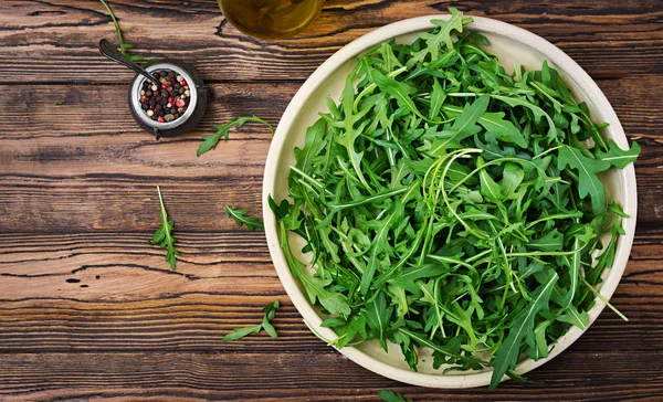 Fresh Leaves Arugula Bowl Wooden Background Flat Lay Top View — Stock Photo, Image