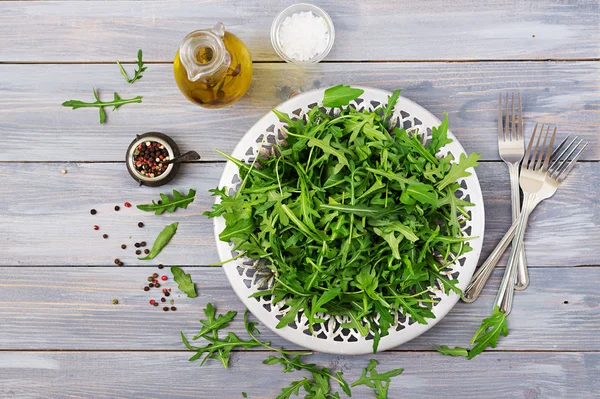 Fresh Leaves Arugula Bowl Light Wooden Background Flat Lay Top — Stock Photo, Image