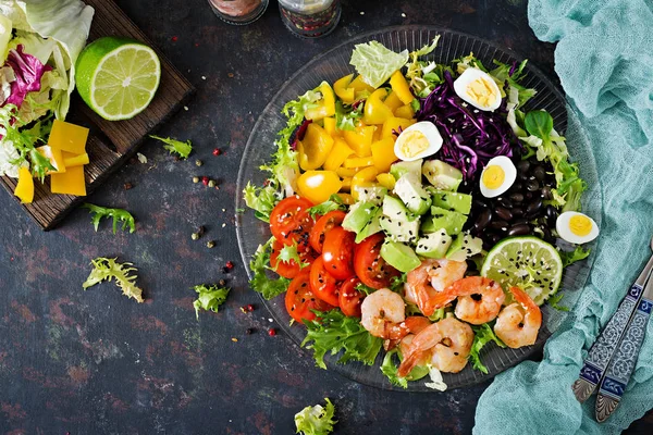 Assiette Salade Saine Recette Fruits Mer Frais Crevettes Grillées Salade — Photo