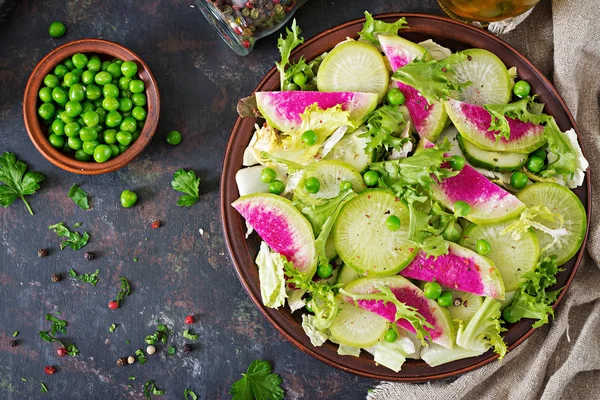 Salad Radish Cucumber Lettuce Leaves Vegan Food Dietary Menu Top — Stock Photo, Image