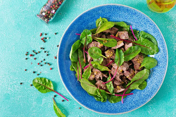 Salade Van Kippenlever Bladeren Van Spinazie Snijbiet Plat Lag Bovenaanzicht — Stockfoto