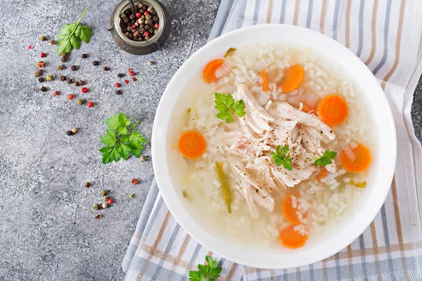 Zuppa Pollo Dietetica Con Riso Carote Cibo Sano — Foto Stock