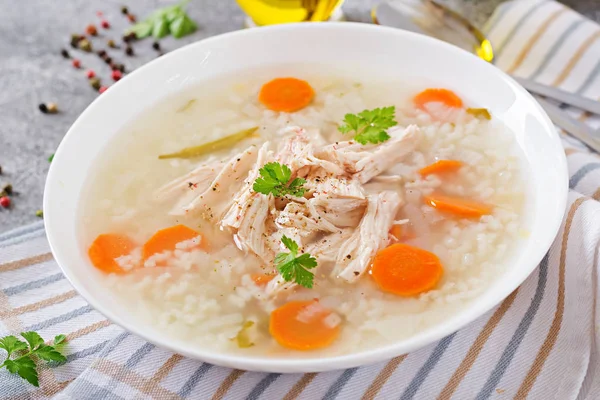 Куриный Суп Рисом Морковью Здоровая Пища — стоковое фото