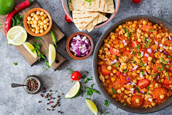 Chili Con Carne Mit Truthahn Kichererbsen Mit Nachos Chili Mit — Stockfoto