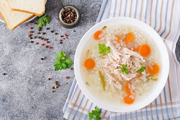 Dieet Kippensoep Met Rijst Wortelen Gezonde Voeding — Stockfoto