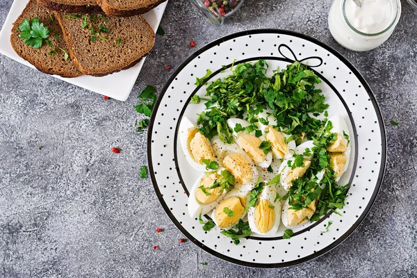 Ouă Fierte Verdeață Mâncare Sănătoasă Salată Vară Privire Sus — Fotografie, imagine de stoc