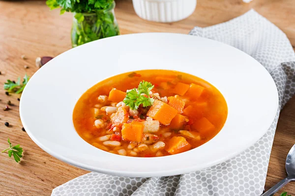 Tomato Chicken Soup Pumpkin White Beans White Bowl — Stock Photo, Image