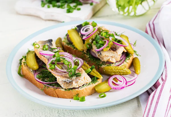 Traditional Dutch Sandwich Herring Pickles Cucumbers White Table Smorrebrod — Stock Photo, Image