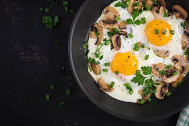 Kızarmış yumurta, mantar ve ıspanak. Keto, paleo kahvaltısı. Üst görünüm, alanı kopyala