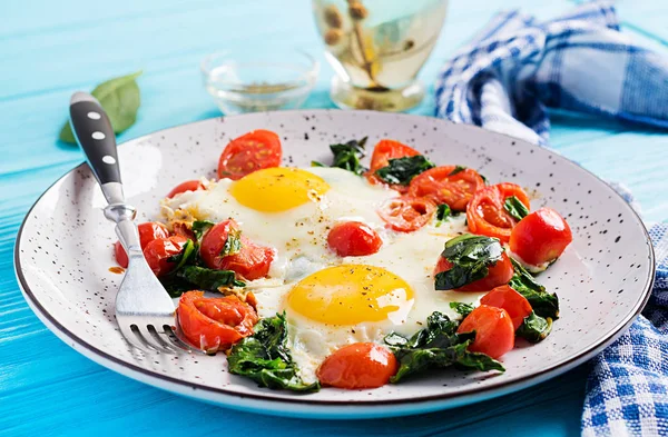 Plate Keto Diet Food Fried Egg Spinach Tomatoes Keto Paleo — Stock Photo, Image