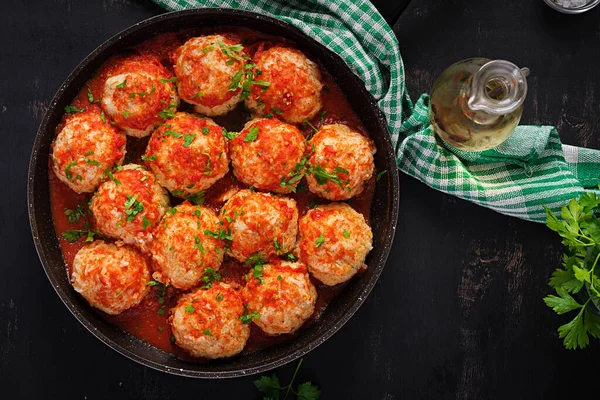 Köttbullar Söt Och Sur Tomatsås Ovanifrån Ovanifrån — Stockfoto