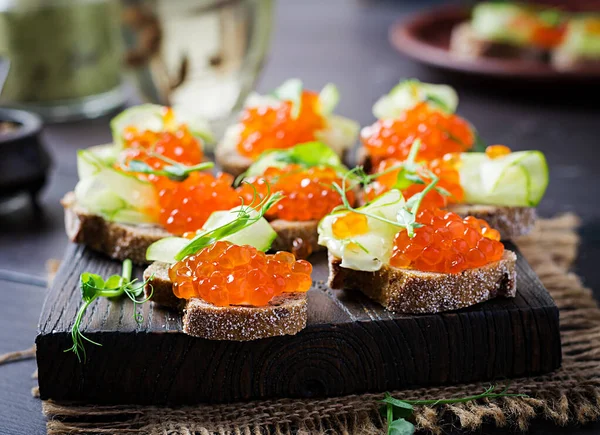 Canape Salmon Red Caviar Sandwich Lunch Delicious Food — Stock Photo, Image