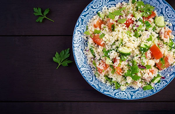 Traditionele Libanese Salade Tabbouleh Couscous Met Peterselie Tomaat Komkommer Citroen — Stockfoto