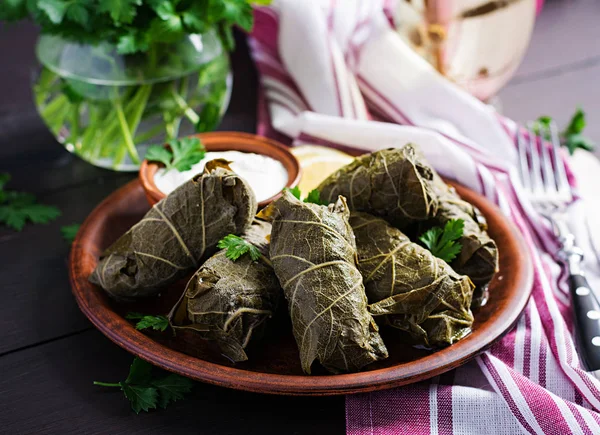 Dolma Stuffed Grape Leaves Rice Meat Dark Table Middle Eastern — Stock Photo, Image