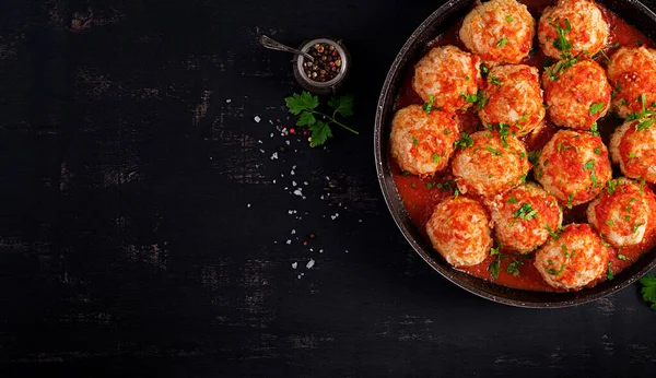 Boulettes Viande Sauce Tomate Aigre Douce Vue Dessus Vue Aérienne — Photo