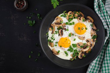 Kızarmış yumurta, mantar ve ıspanak. Keto, paleo kahvaltısı. Üst görünüm, alanı kopyala