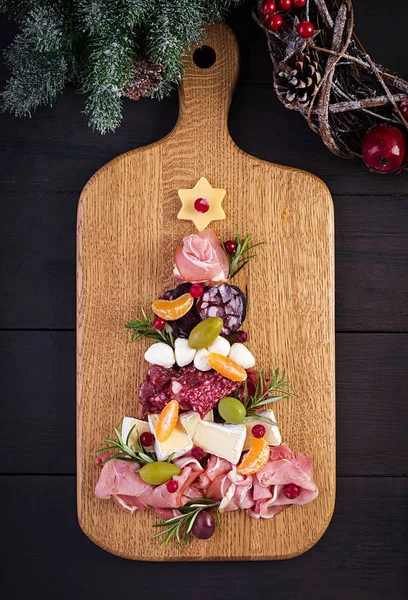 Antipasto Platter Ham Prosciutto Salami Cheese Olives Wooden Background Christmas — Stock Photo, Image