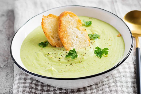 Homemade broccoli cream soup with croutons in white bowl on grey background. Healthy vegetarian food. Vegan menu. — Stock Image Homemade Broccoli Cream Soup Croutons White Bowl Grey Background Healthy Stock Photo