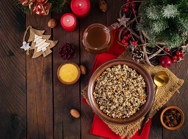 Kutya Porridge Natale Fatto Cereali Grano Semi Papavero Noci Uva — Foto Stock