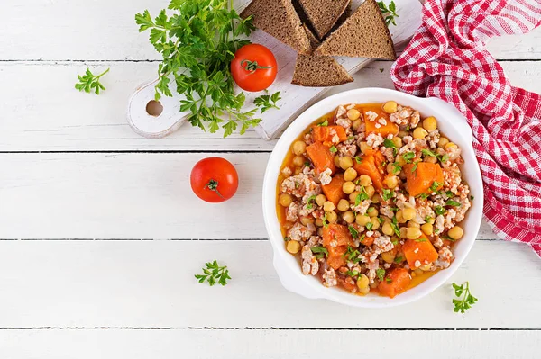 Chili Con Carne Peru Com Frango Campesinato Abóbora Mesa Madeira — Fotografia de Stock