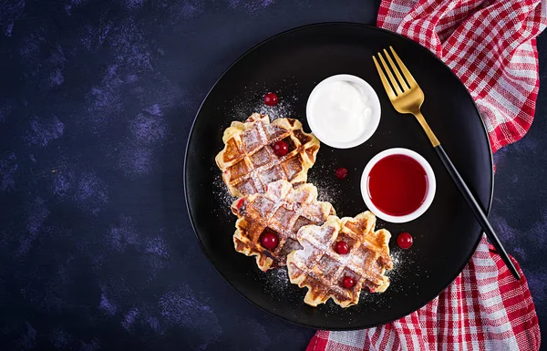 Traditional Belgian Waffles Berries Sour Cream Jam Dark Table Top — Stock Photo, Image