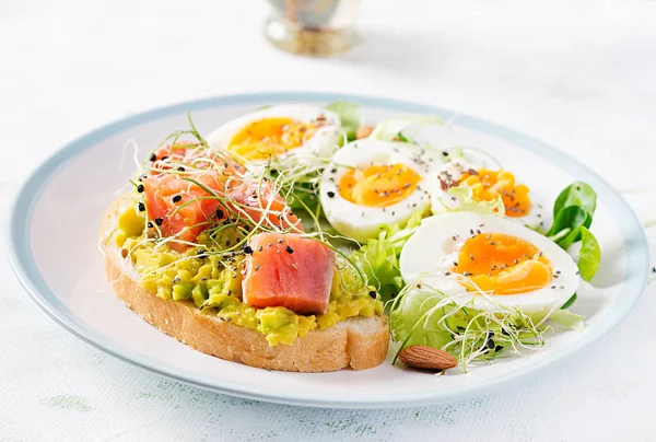 Breakfast Healthy Open Sandwich Toast Avocado Salmon Boiled Eggs Herbs — Stock Photo, Image