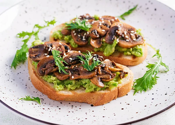 Bruschetta Sandwich Avocado Fried Mushrooms Sesame White Table Vegetarian Food — Stock Photo, Image