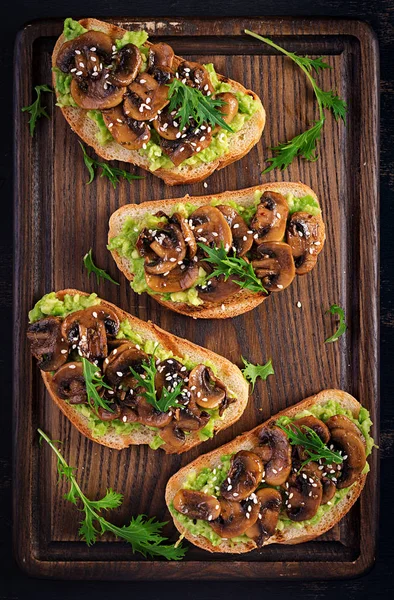Bruschetta Sandwich Avocado Fried Mushrooms Sesame Wooden Board Vegetarian Food — Stock Photo, Image