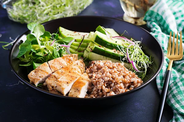 Lunch Salad Buddha Bowl Buckwheat Porridge Grilled Chicken Fillet Corn — Stock Photo, Image