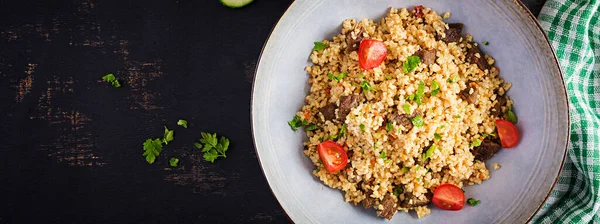 Bulgur Pilaf Meat Vegetables Delicious Healthy Warm Lunch Black Background — Stock Photo, Image