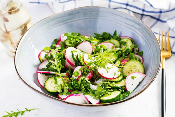 Vegetarian Vegetable Salad Radish Cucumbers Arugula Green Onions Healthy Vegan — Stock Photo, Image