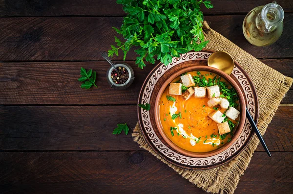 Soupe Citrouille Dans Bol Servi Avec Des Croûtons Persil Soupe — Photo