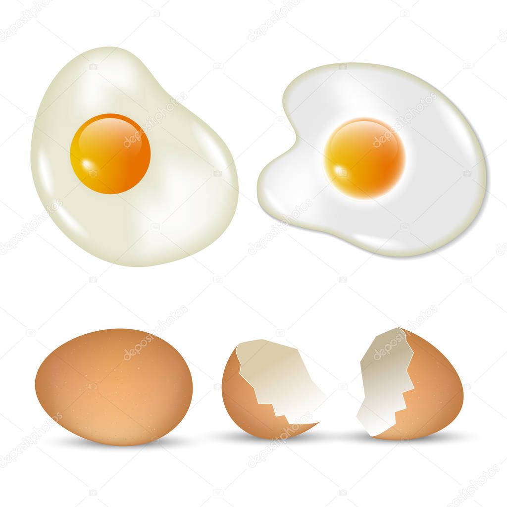 Raw and fried eggs set
