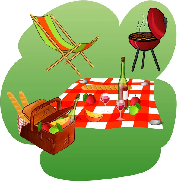 Şezlong, ızgara, battaniye, sepet piknik ürünleri ile — Stok Vektör