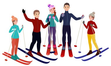 Grup kayakçı karikatür tarzı beyaz arka plan üzerinde