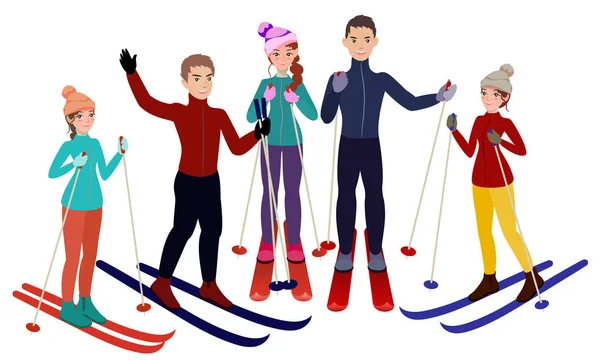 Groupe de skieurs sur fond blanc dans le style dessin animé — Image vectorielle