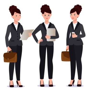 İş kadını kıyafetli ayarlayın. Duygular. Pozlar.