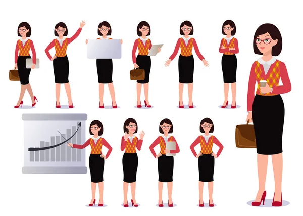 Mujer de negocios en traje. Emociones. Poses . — Vector de stock