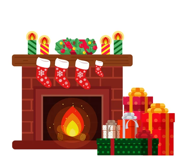 Regalos de Navidad bajo la chimenea . — Vector de stock
