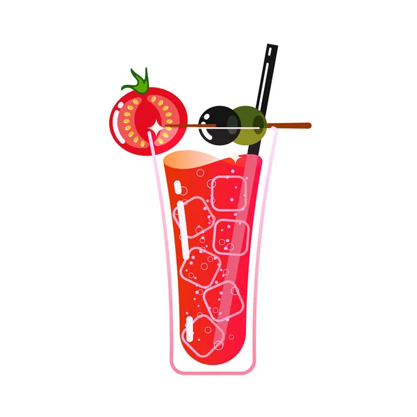 Un cóctel con sangre en una copa. Cubos de hielo, paja, tomate, aceitunas . — Vector de stock