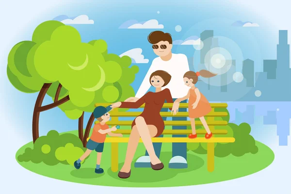 Family is resting in the park on a bench. — Stock Vector