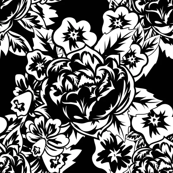 Patrón monocromo sin costuras de flores — Vector de stock