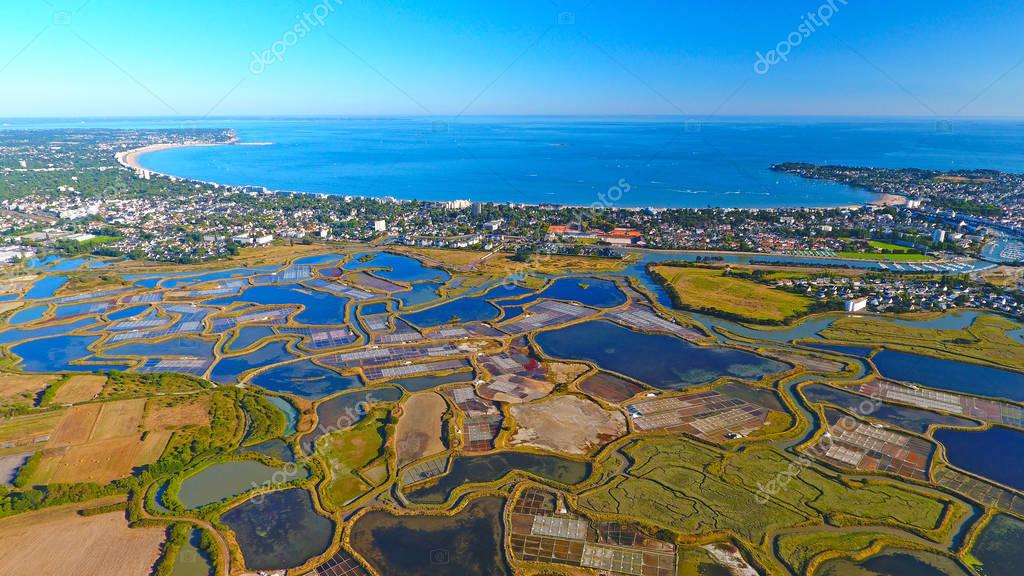 Aerial panorama on La Baule Escoublac city from Guerande salt marshes