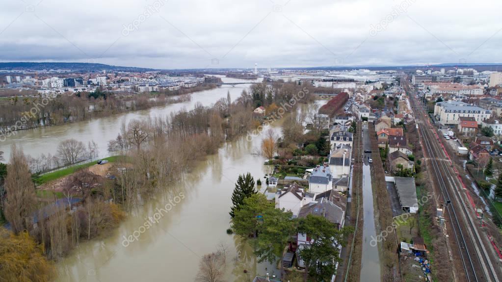 La Seine river flooding in Poissy city, January 30 2018