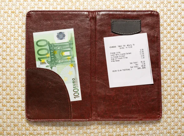 Open check folder with bill and euro — Stock Photo, Image