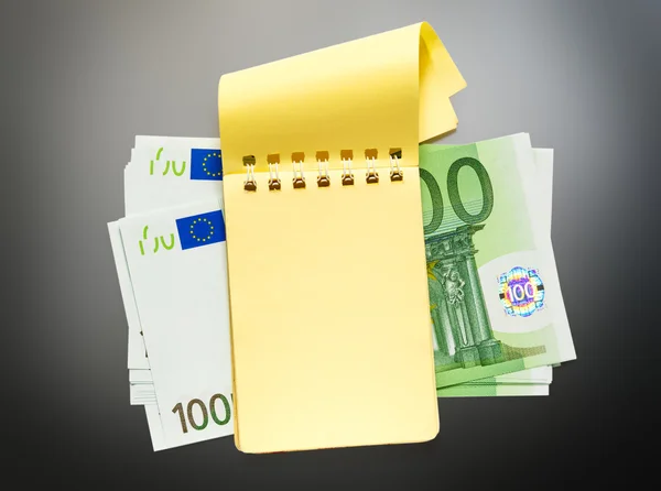 Cento banconote in euro e blocco note giallo — Foto Stock