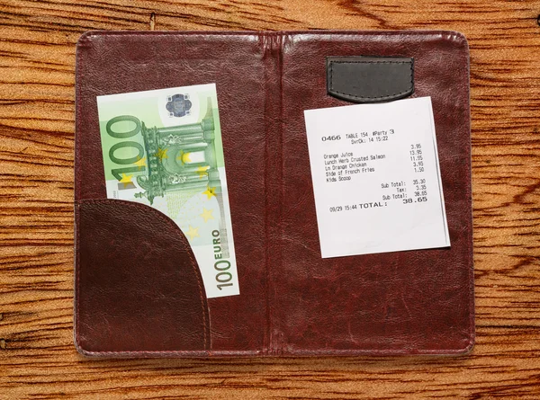 Open check folder with bill and euro — Stock Photo, Image